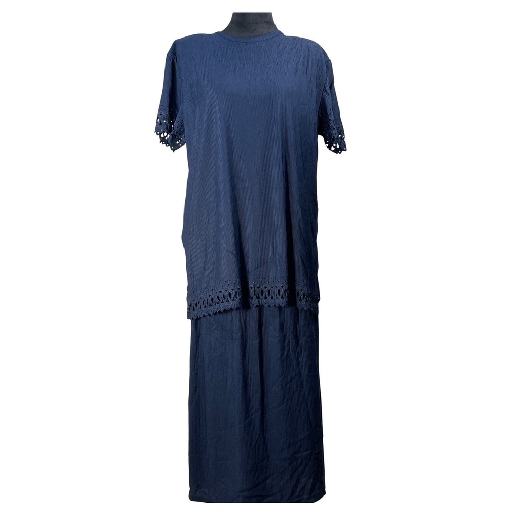 Superline USA Vintage Navy Blue Crinkle 2pc Skirt Set Eyelet coastal grandma